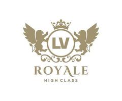 Golden Letter LV template logo Luxury gold letter with crown. Monogram alphabet . Beautiful royal initials letter. vector
