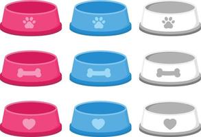 Dog bowl in different colors paw, bone and heart icons on bowl, vector illustrations clip arts