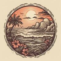 ilustración de tropical paisaje con palma árboles, Oceano y montaña. dibujos animados plano panorámico paisaje, puesta de sol con el palmas Arte retro estilo ilustración. generativo ai. foto