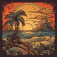 illustration of Tropical landscape with palm trees, ocean and mountain. Cartoon flat panoramic landscape, sunset with the palms art retro style illustration. . photo