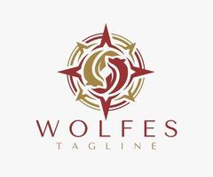 Luxury wolf compass circle logo design. Elegance navigation wolf logo branding. vector