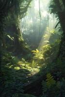 hermosa bosque en el Mañana en un niebla en el sol, arboles en un calina de luz, brillante niebla entre el arboles generativo ai. foto