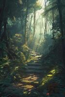 Beautiful Forest in the morning in a fog in the sun, trees in a haze of light, glowing fog among the trees. . photo