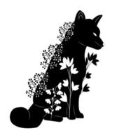 stencil fox sitting in the grass and flowers vector