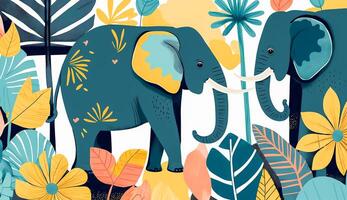 Elephant with modern colorful tropical floral pattern. Hand drawn illustration, photo
