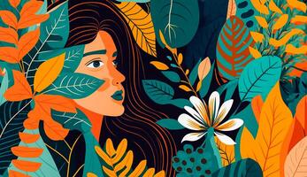 hermosa mujer con moderno vistoso tropical floral modelo. mano dibujado ilustración, generativo ai foto