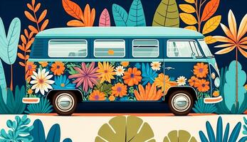 clásico camioneta coche con moderno vistoso tropical floral modelo. mano dibujado ilustración, generativo ai foto