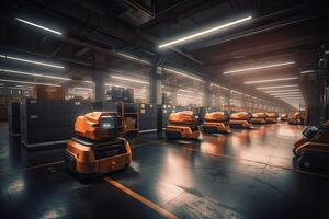 Autonomous Robot transportation in warehouses, Warehouse automation concept. . photo