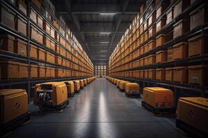 Autonomous Robot transportation in warehouses, Warehouse automation concept. . photo