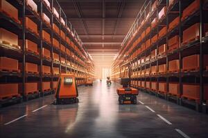 Autonomous Robot transportation in warehouses, Warehouse automation concept. . photo