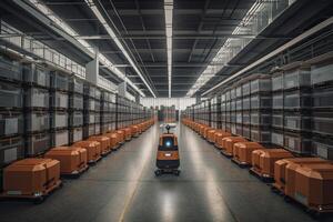 autónomo robot transporte en almacenes, almacén automatización concepto. generativo ai. foto