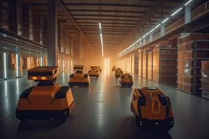 Autonomous Robot transportation in warehouses, Warehouse automation concept. . photo