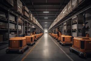 Autonomous Robot transportation in warehouses, Warehouse automation concept. . photo