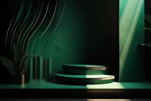 3d podium minimal platform in green background with gold and dates leaf. Podium for product display, presentation, cosmetic, herbal, honey, beauty, and natural product. . photo