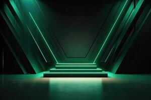 3d podium minimal platform in green background with gold and dates leaf. Podium for product display, presentation, cosmetic, herbal, honey, beauty, and natural product. . photo