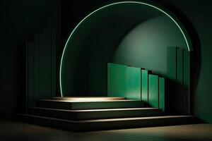 3d podium minimal platform in green background with gold and dates leaf. Podium for product display, presentation, cosmetic, herbal, honey, beauty, and natural product. . photo