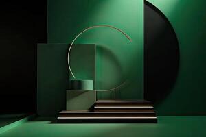 3d podium minimal platform in green background with gold and dates leaf. Podium for product display, presentation, cosmetic, herbal, honey, beauty, and natural product. . photo