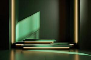 3d podium minimal platform in green background with gold and dates leaf. Podium for product display, presentation, cosmetic, herbal, honey, beauty, and natural product. . photo