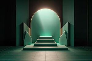 3d podium minimal platform in green background with gold and dates leaf. Podium for product display, presentation, cosmetic, herbal, honey, beauty, and natural product. . photo
