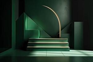 3d podium minimal platform in green background with gold and dates leaf. Podium for product display, presentation, cosmetic, herbal, honey, beauty, and natural product. . photo