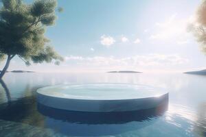 Abstract 3d scene with a cylinder podium backdrop in garden, mountain and water view. Abstract winter scene with a podium in lake view. minimal 3d landscape background. . photo
