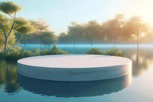 Abstract 3d scene with a cylinder podium backdrop in garden, mountain and water view. Abstract winter scene with a podium in lake view. minimal 3d landscape background. . photo