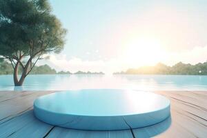 Abstract 3d scene with a cylinder podium backdrop in garden, mountain and water view. Abstract winter scene with a podium in lake view. minimal 3d landscape background. . photo