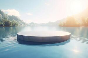 Abstract 3d scene with a cylinder podium backdrop in garden, mountain and water view. Abstract winter scene with a podium in lake view. minimal 3d landscape background. . photo