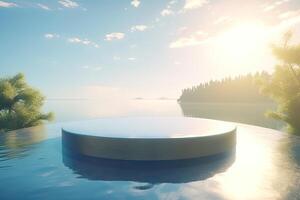 Abstract 3d scene with a cylinder podium backdrop in garden, mountain and water view. Abstract winter scene with a podium in lake view. minimal 3d landscape background. . photo