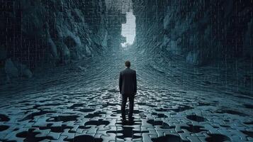 Rearview the businessman walking toward to concrete Maze. Businessman in front of a vast maze. Business and life concept. . photo