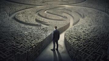 Rearview the businessman walking toward to concrete Maze. Businessman in front of a vast maze. Business and life concept. . photo