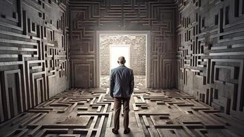 Rearview the businessman walking toward to concrete Maze. Businessman in front of a vast maze. Business and life concept. . photo