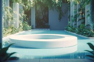 Abstract 3d scene with a cylinder podium backdrop in garden, mountain and water view. Abstract winter scene with a podium in lake view. minimal 3d landscape background. . photo