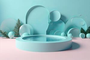 Abstract 3d scene with a cylinder podium backdrop in garden, mountain and water view. Abstract winter scene with a podium in lake view. minimal 3d landscape background. . photo