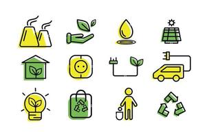 A set of ecology icons. Save nature, use solar panels, recycle, travel on eco-cars. vector