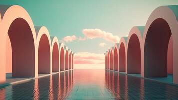 illustration of an Abstract summer landscape scene with geometric form. ocean beach view. 3d rendering. . photo