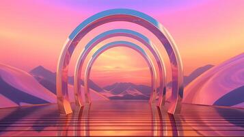 illustration of an Abstract summer landscape scene with geometric form. ocean beach view. 3d rendering. . photo