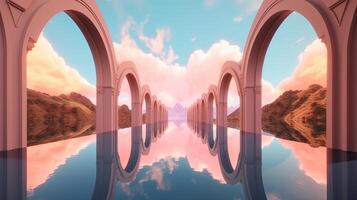 illustration of an Abstract summer landscape scene with geometric form. ocean beach view. 3d rendering. . photo