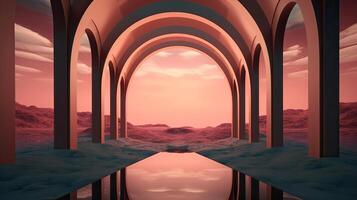 illustration of an Abstract summer landscape scene with geometric form. ocean beach view. 3d rendering. . photo