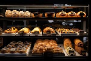 panadería interior con monitor contadores lleno de de chuparse los dedos un pan y pasteles tienda un pastelería o panadería con cruasanes, manzana empanadas, gofres, y churros. recién horneado pasteles generativo ai foto