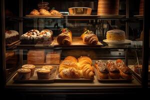 panadería interior con monitor contadores lleno de de chuparse los dedos un pan y pasteles tienda un pastelería o panadería con cruasanes, manzana empanadas, gofres, y churros. recién horneado pasteles generativo ai foto