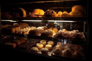 panadería interior con monitor contadores lleno de de chuparse los dedos un pan y pasteles tienda un pastelería o panadería con cruasanes, manzana empanadas, gofres, y churros. recién horneado pasteles generativo ai foto