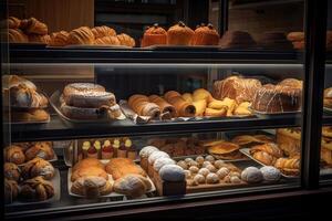 bakery interior with display counters full of scrumptious bread and pastries. Shop a patisserie or bakery with croissants, apple pies, waffles, and churros. Freshly baked pastries. Generative Ai photo