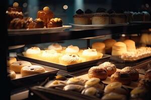 panadería interior con monitor contadores lleno de de chuparse los dedos un pan y pasteles tienda un pastelería o panadería con cruasanes, manzana empanadas, gofres, y churros. recién horneado pasteles generativo ai foto