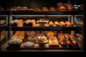 bakery interior with display counters full of scrumptious bread and pastries. Shop a patisserie or bakery with croissants, apple pies, waffles, and churros. Freshly baked pastries. photo