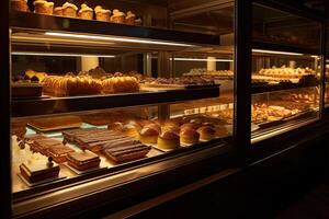 panadería interior con monitor contadores lleno de de chuparse los dedos un pan y pasteles tienda un pastelería o panadería con cruasanes, manzana empanadas, gofres, y churros. recién horneado pasteles generativo ai foto