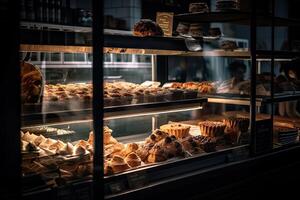 bakery interior with display counters full of scrumptious bread and pastries. Shop a patisserie or bakery with croissants, apple pies, waffles, and churros. Freshly baked pastries. photo