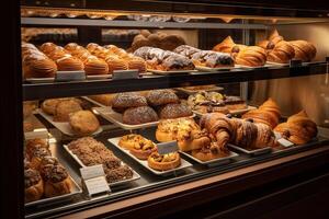 panadería interior con monitor contadores lleno de de chuparse los dedos un pan y pasteles tienda un pastelería o panadería con cruasanes, manzana empanadas, gofres, y churros. recién horneado pasteles generativo ai foto