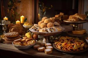 bakery interior with display counters full of scrumptious bread and pastries. Shop a patisserie or bakery with croissants, apple pies, waffles, and churros. Freshly baked pastries. photo