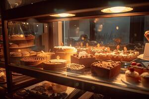 bakery interior with display counters full of scrumptious bread and pastries. Shop a patisserie or bakery with croissants, apple pies, waffles, and churros. Freshly baked pastries. photo